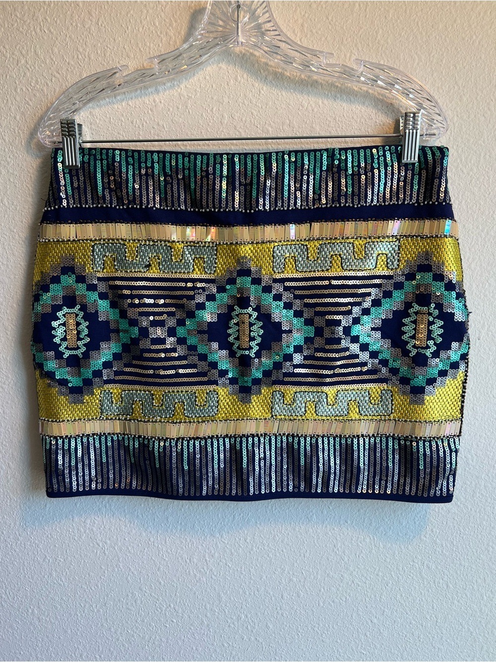 Fate Geometric Aztec Sequin Beaded Mini Skirt in Navy, Yellow & Teal